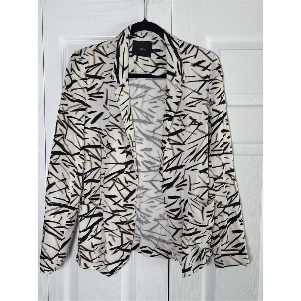 Talula Abstract Print Open Front Blazer Womens Size 2 Cream Brown Rayon Jacket